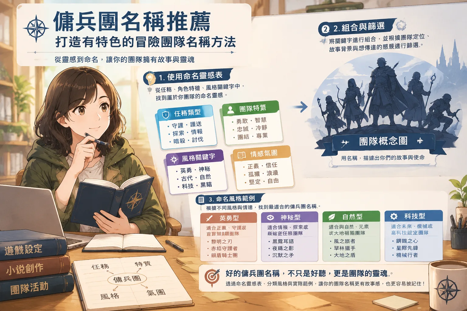 創作者使用命名靈感表建立傭兵團名稱的教學插圖，包含分類卡片與團隊概念圖