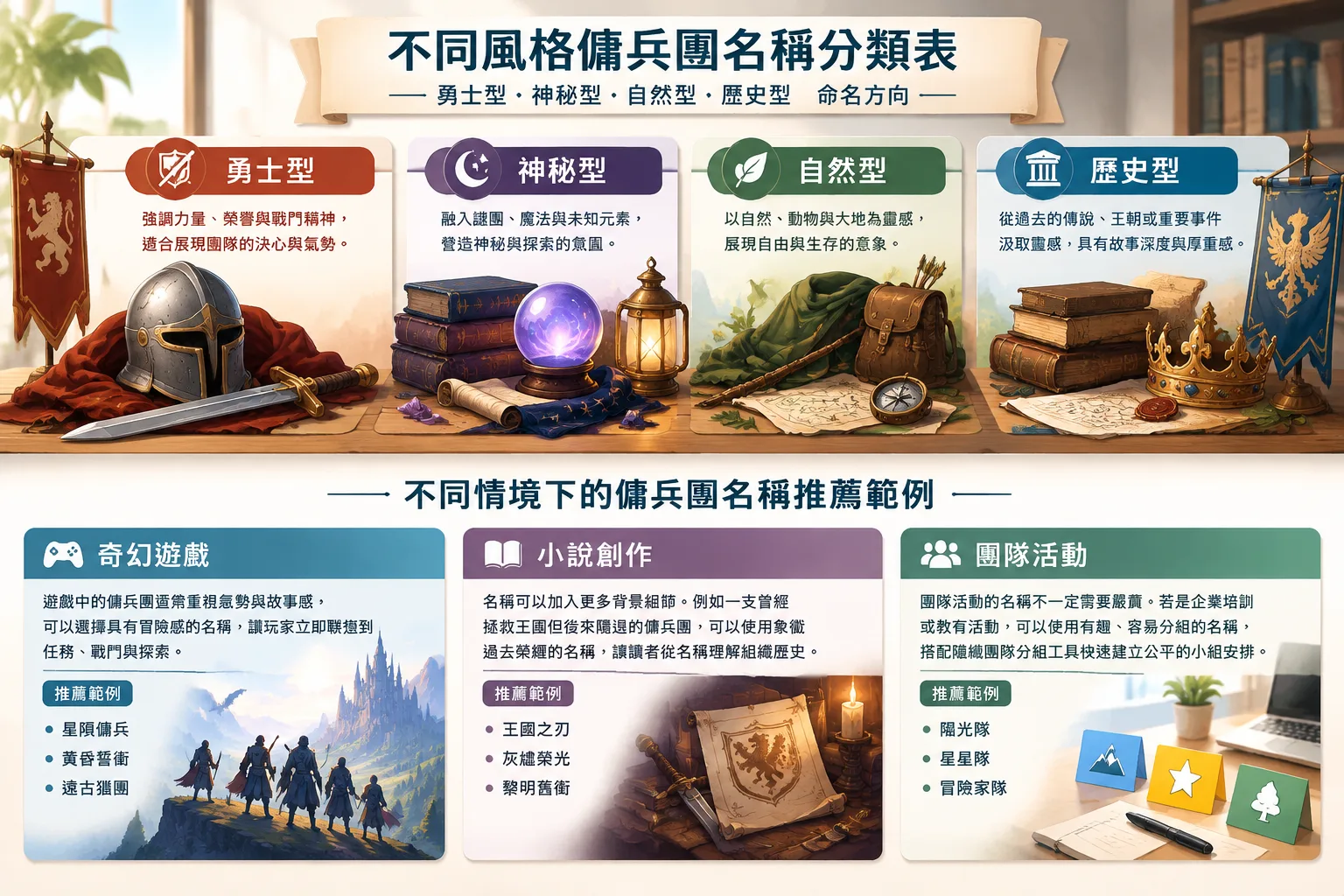 不同風格傭兵團名稱分類表，展示勇士型神秘型自然型與歷史型命名方向