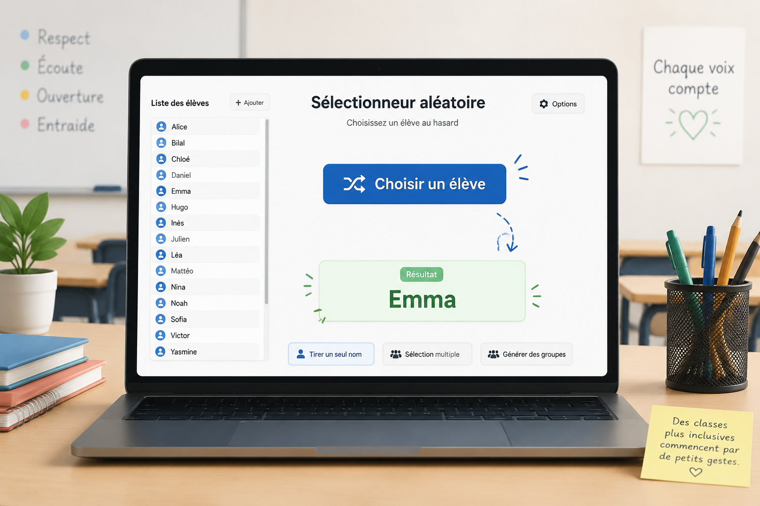 capture d'écran simplifiée d'un outil de sélection aléatoire avec une liste de noms sur la gauche, un bouton central intitulé 'Choisir un élève', et le résultat affiché en évidence. Fond neutre, interface épurée.