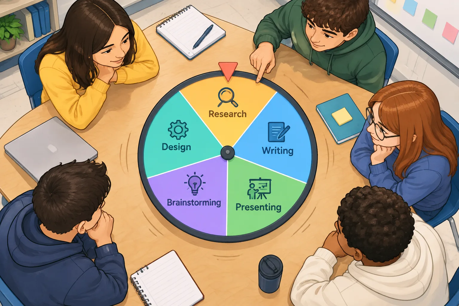 top-down diagram of a circular wheel divided into labeled task slices such as research