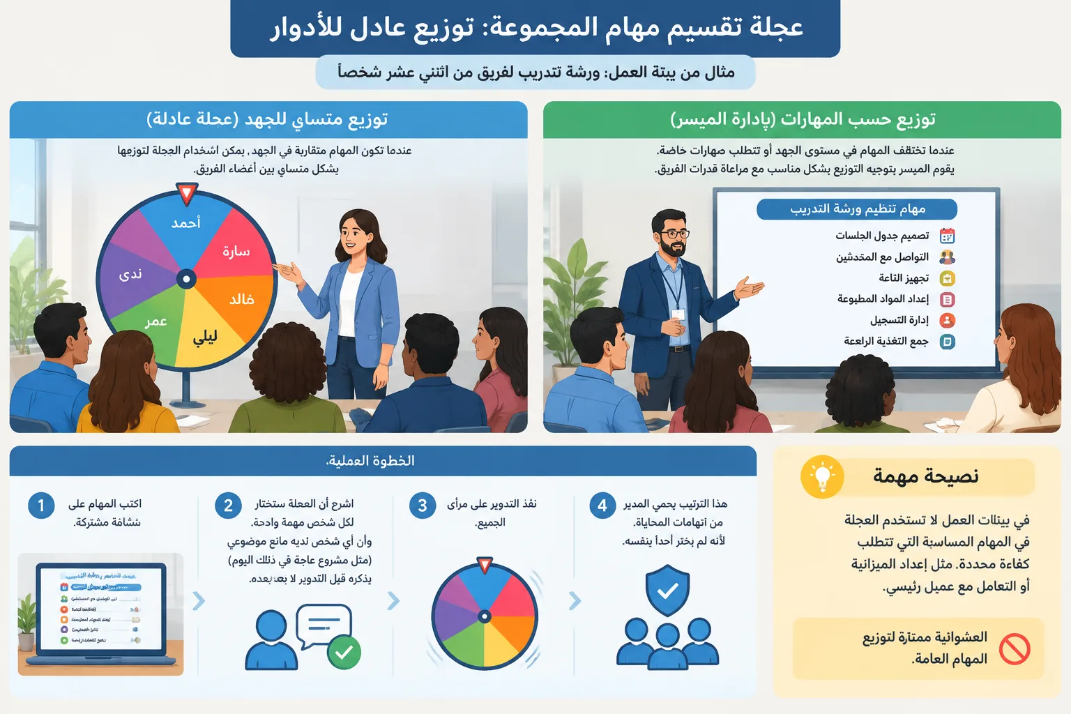 clean instructional diagram comparing equal-effort task assignment on a wheel