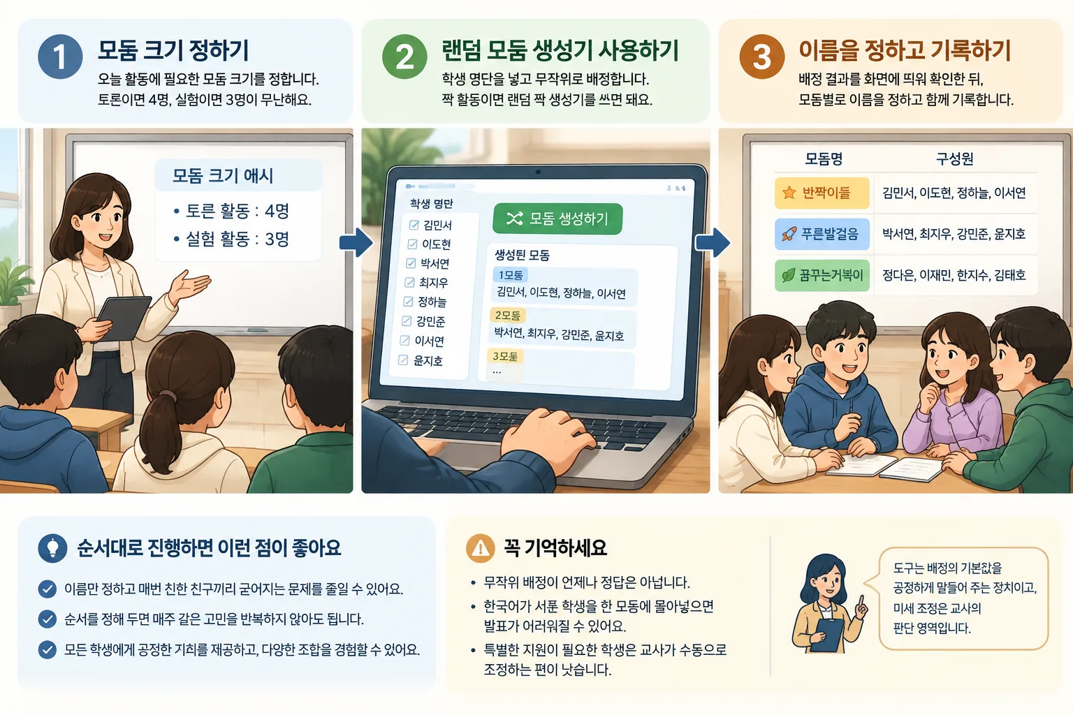 Simple three-panel workflow: random grouping of students