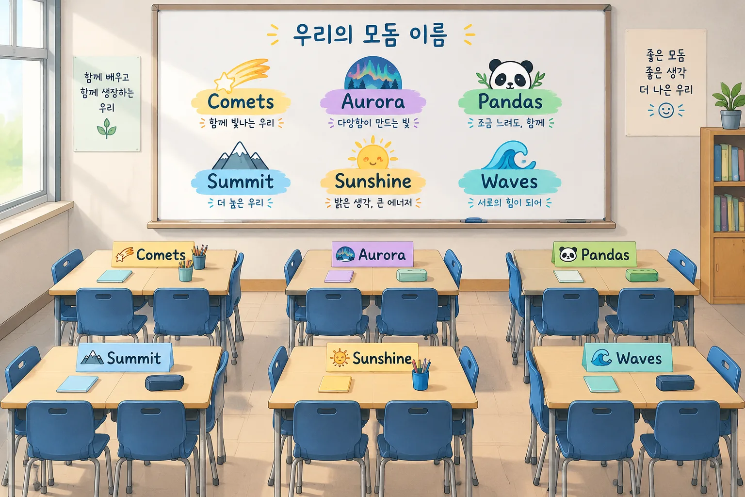Flat illustration of a classroom whiteboard listing colorful group names such as Comets