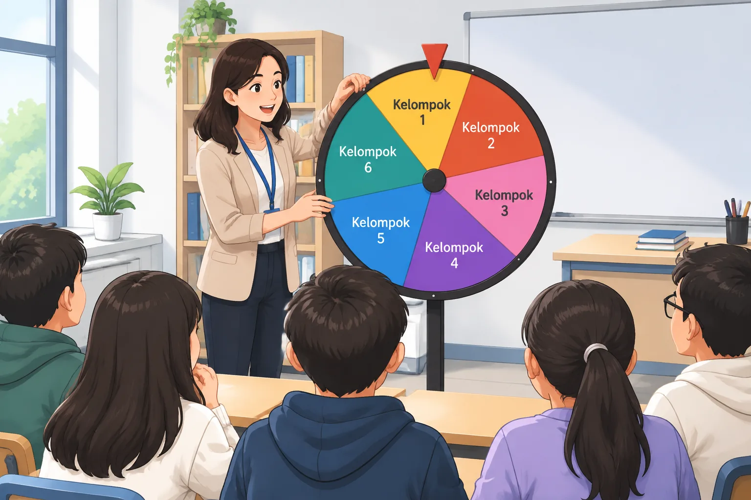 Illustration of a teacher spinning a colorful wheel