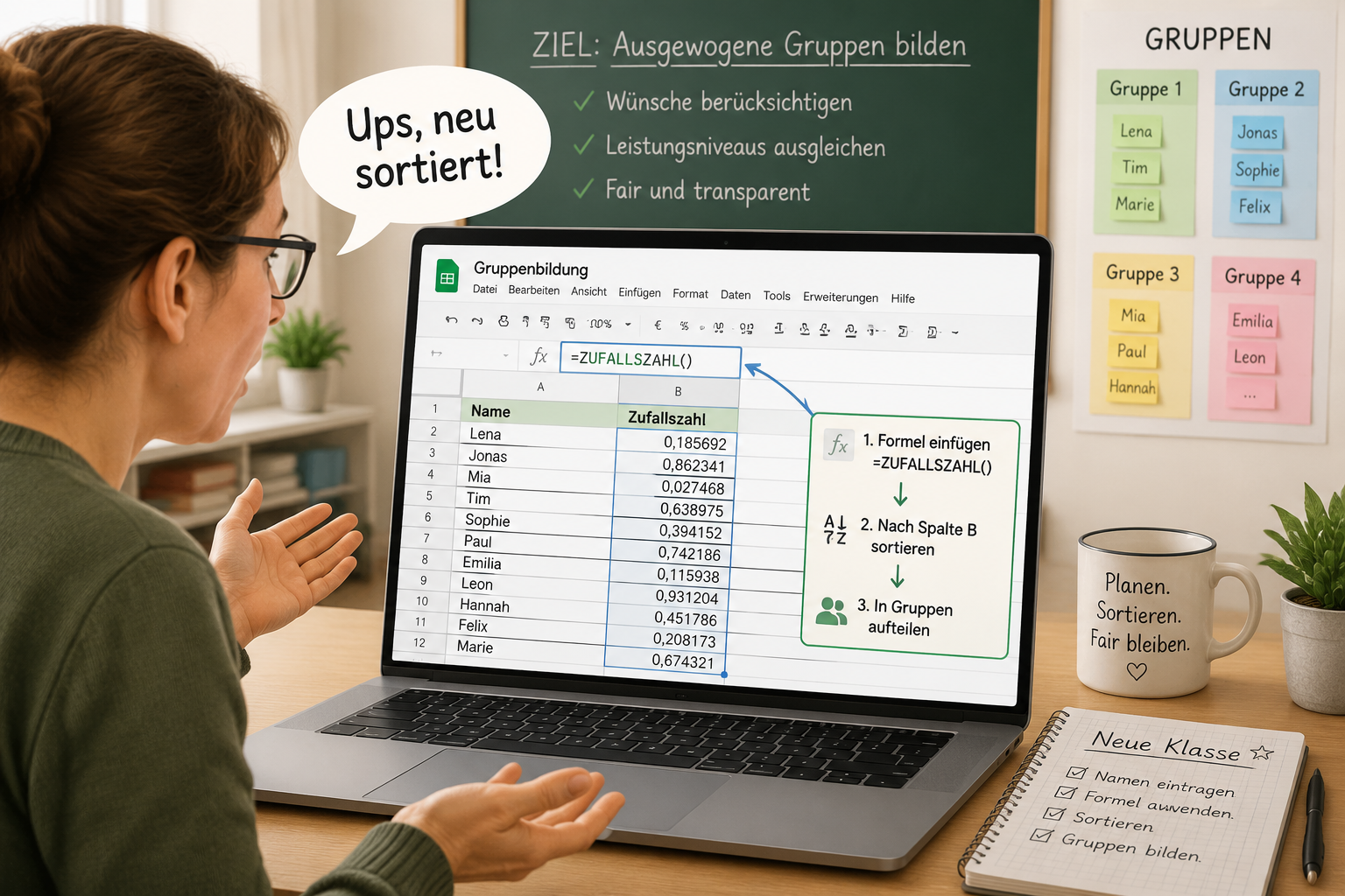 Handhaltung vor einem Google Sheets-Diagramm, das eine Namensliste und eine Formel =ZUFALLSZAHL() zeigt, mit einer Sprechblase "Ups, neu sortiert!"