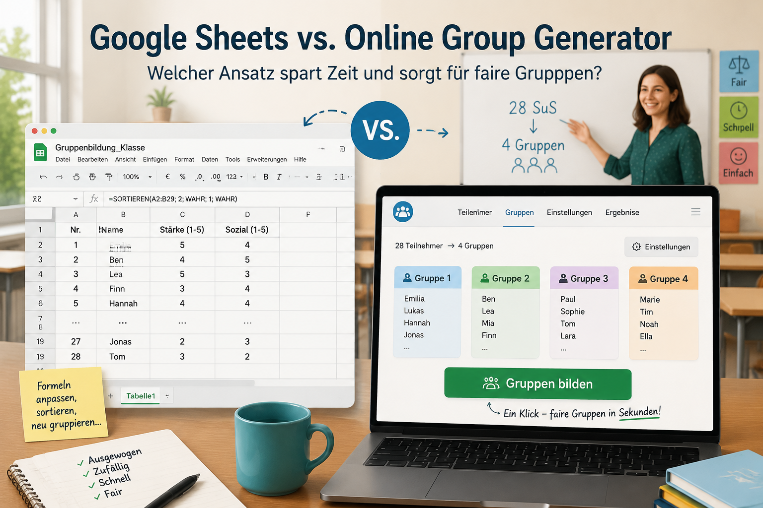 Vergleichsillustration: links ein Google Sheets-Fenster mit einer Formel in der Bearbeitungsleiste und einer sortierten Liste, rechts ein modernes Web-Interface mit großen Schaltflächen "Gruppen bilden" und farbigen Gruppenzellen, freundliche Atmosphäre.