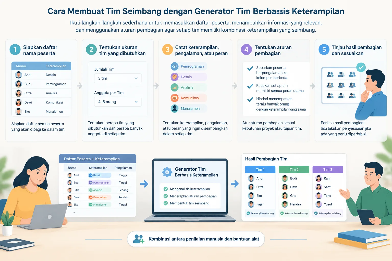 Diagram langkah demi langkah memasukkan daftar peserta keterampilan dan menghasilkan kelompok seimba