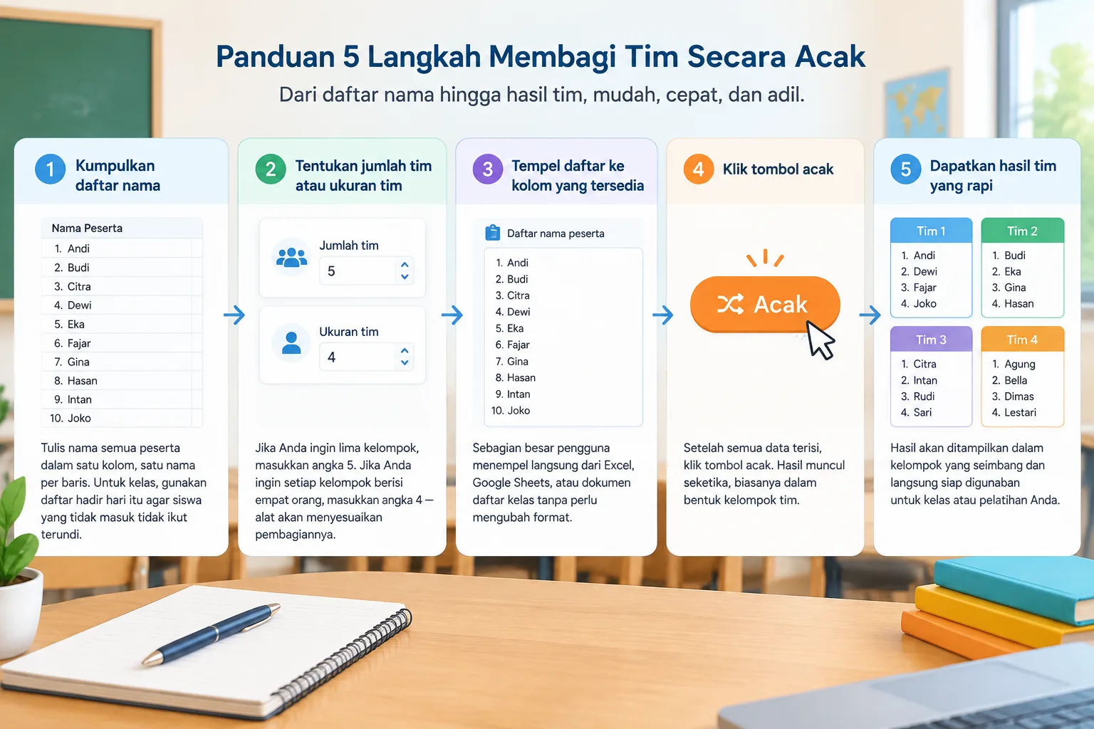 Ilustrasi lima langkah berurutan