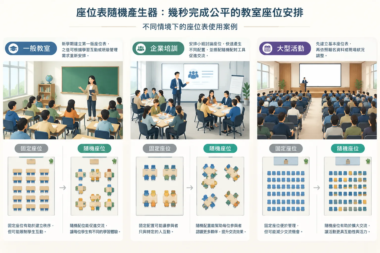 neutral workshop seating layout diagram comparing fixed seating and randomized seating
