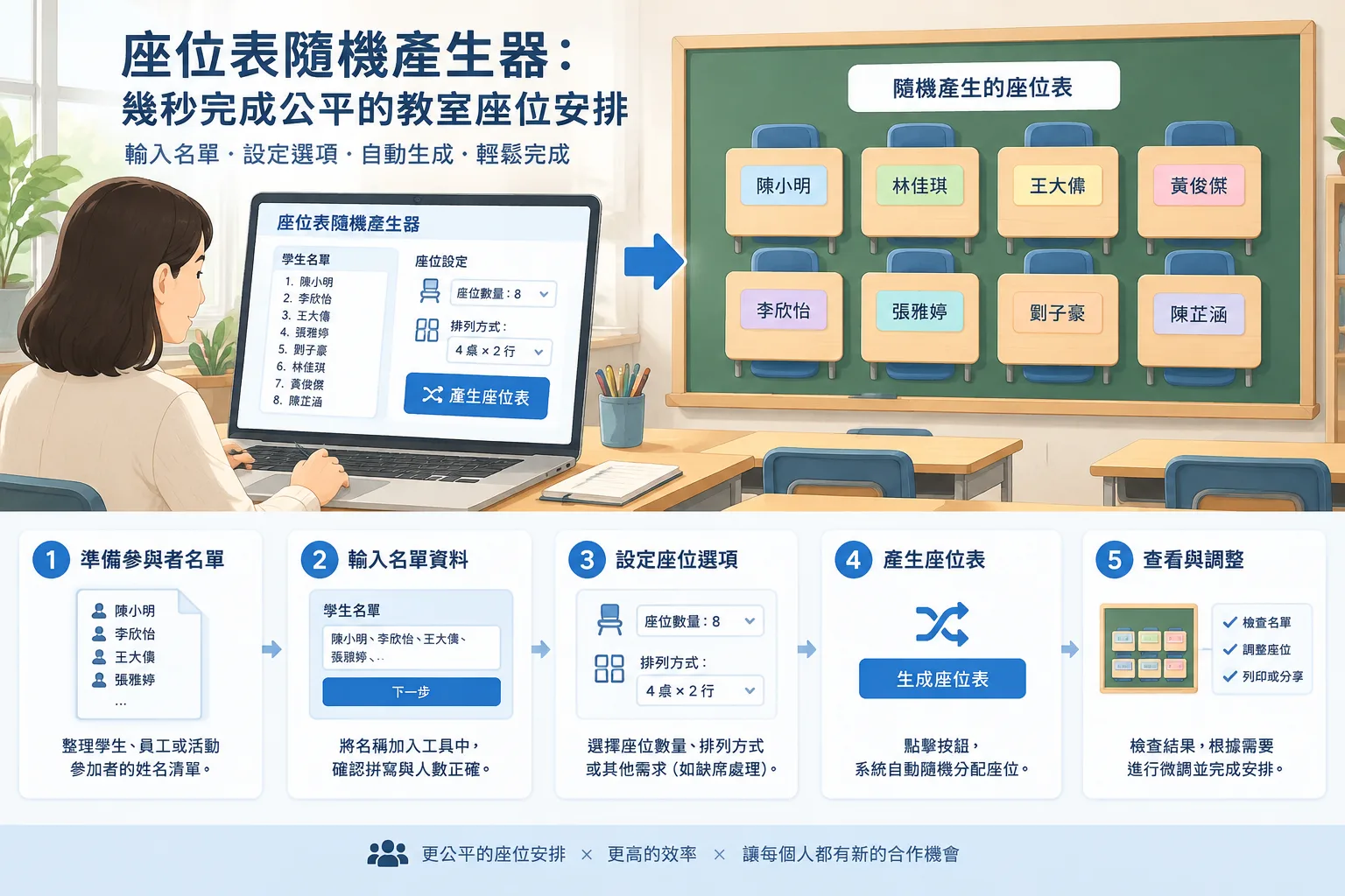 clean instructional diagram showing a classroom grid where names are randomly assigned to seats