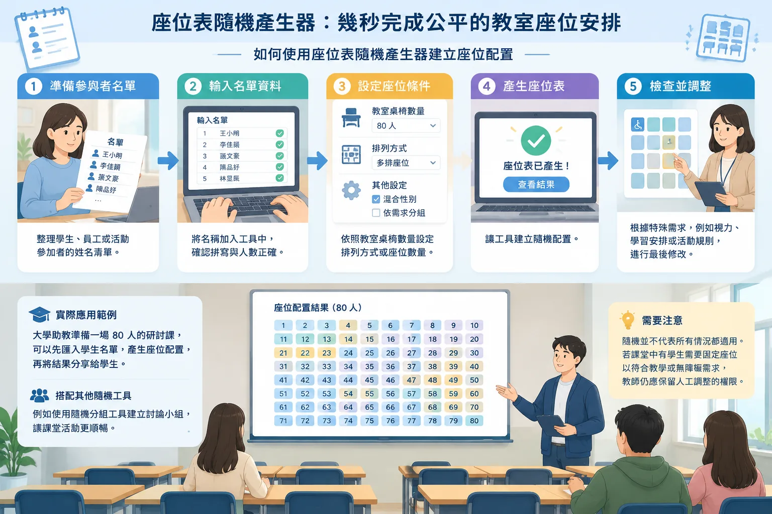 step by step workflow illustration from name list to randomized classroom seating grid