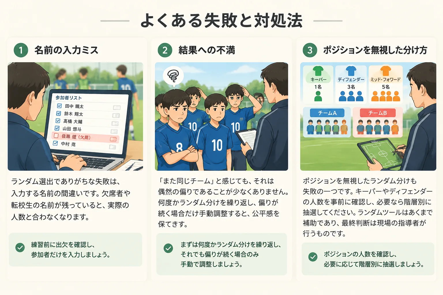 Checklist style illustration for avoiding common random soccer team selection mistakes