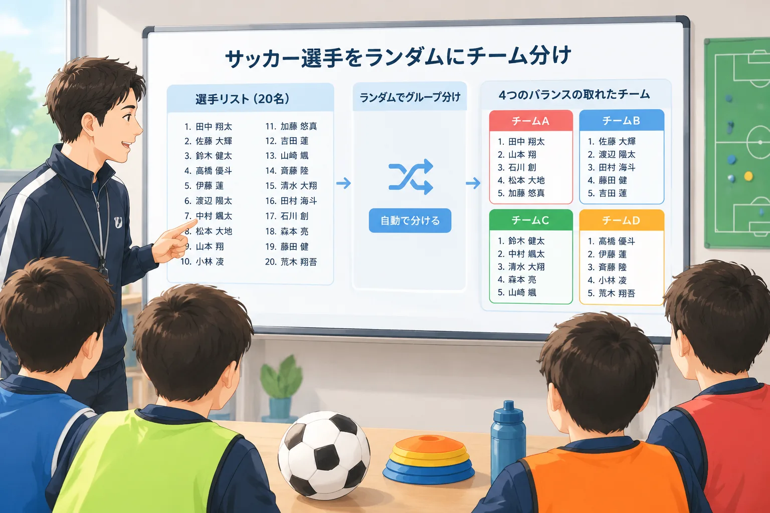 Illustration of soccer team names being randomly sorted into balanced groups on a clean digital boar