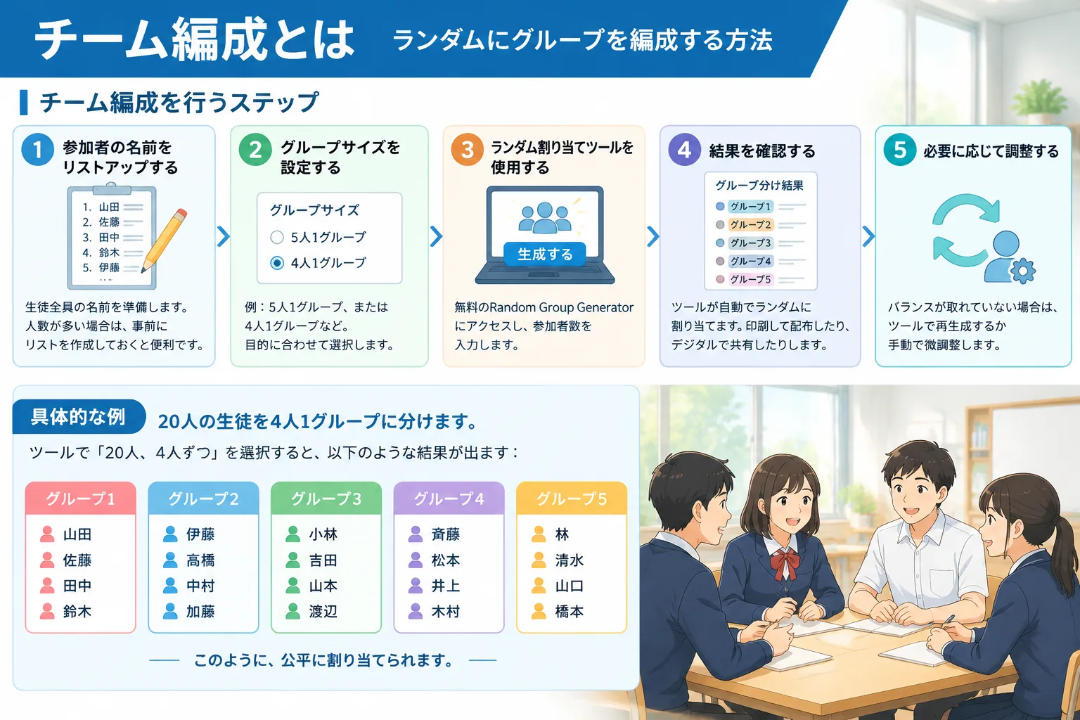 グループ分けの結果例を示す表やイラスト