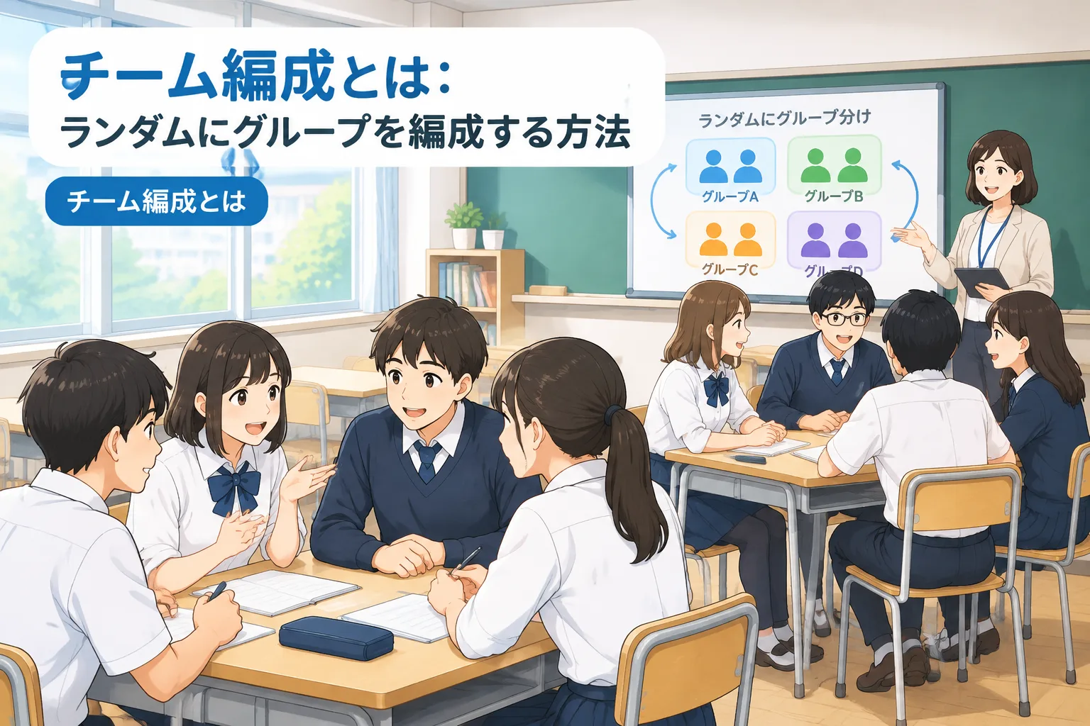 教育現場で生徒がランダムにグループ分けされているイラスト、クリーンで明るい色使い、教室の背景