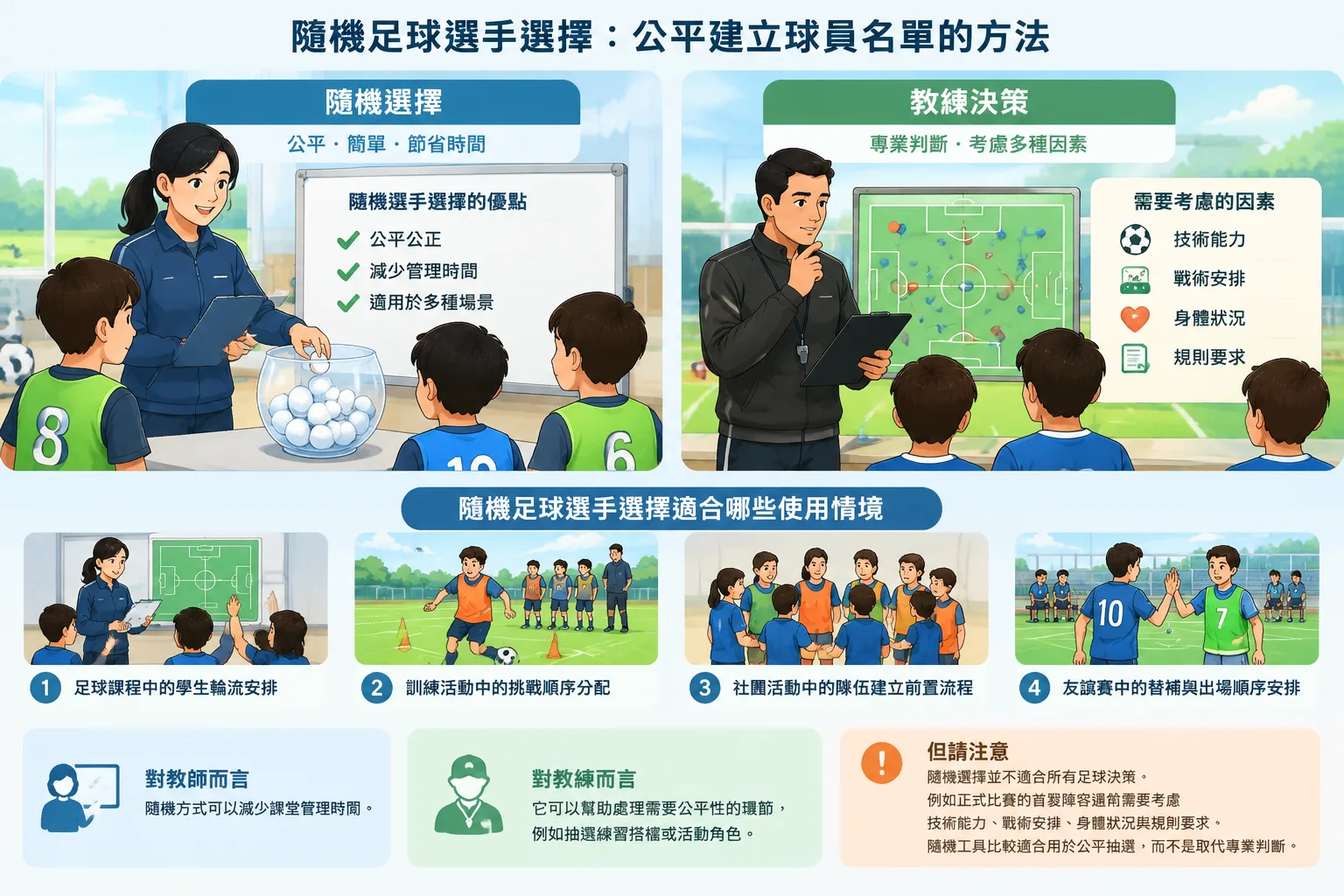 neutral infographic comparing random selection and coach decision making for football activities