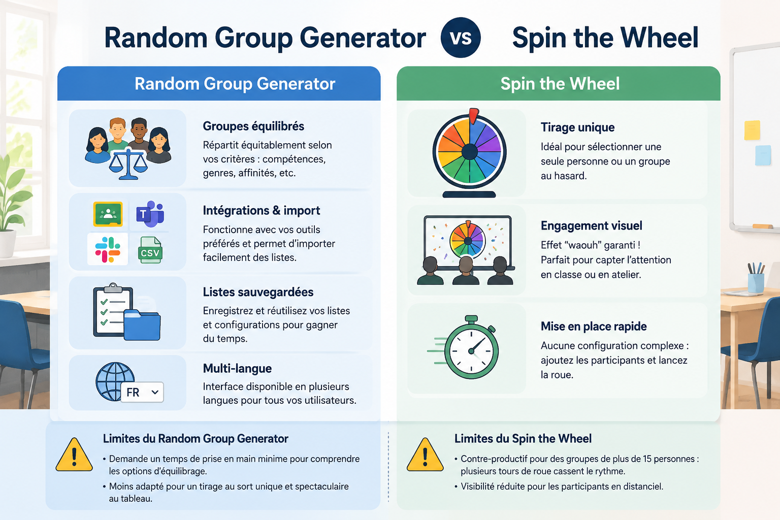Clean infographic comparing two columns: a “Random Group Generator” column with icons for balanced groups, platform integrations, saved lists, and language selector; a “Spin the Wheel” column with icons for single selection, visual engagement, and quick setup.