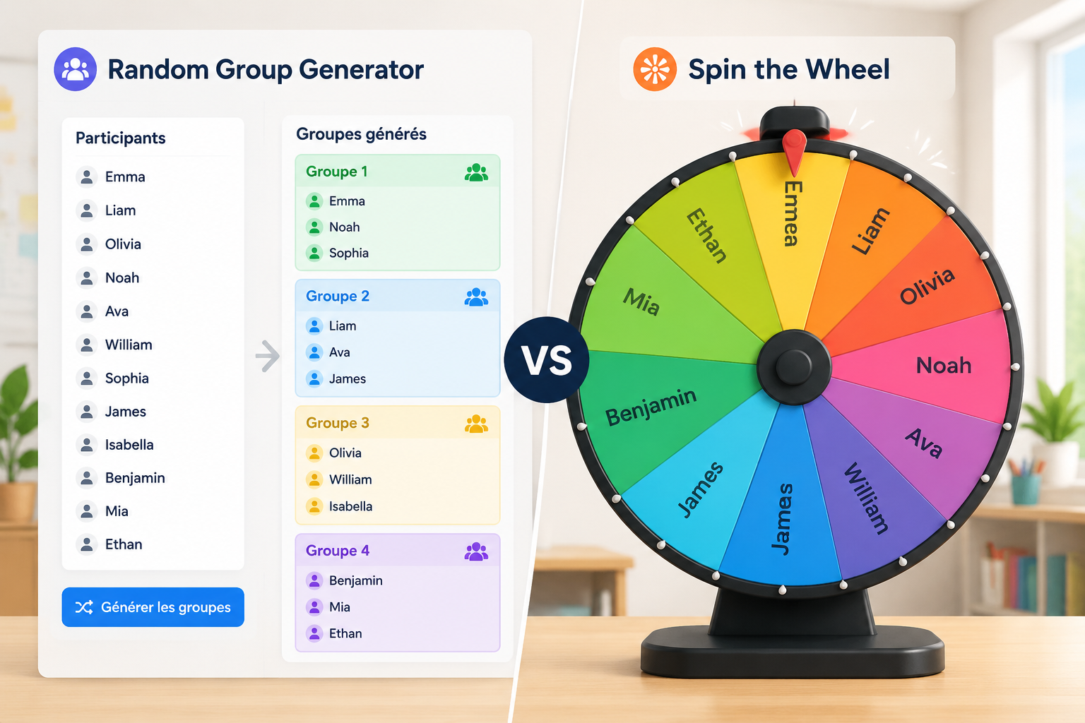 Split-screen illustration showing on the left a clean interface that splits a list of names into colored group boxes, and on the right a bright spinning wheel with a pointer about to land on a single name.