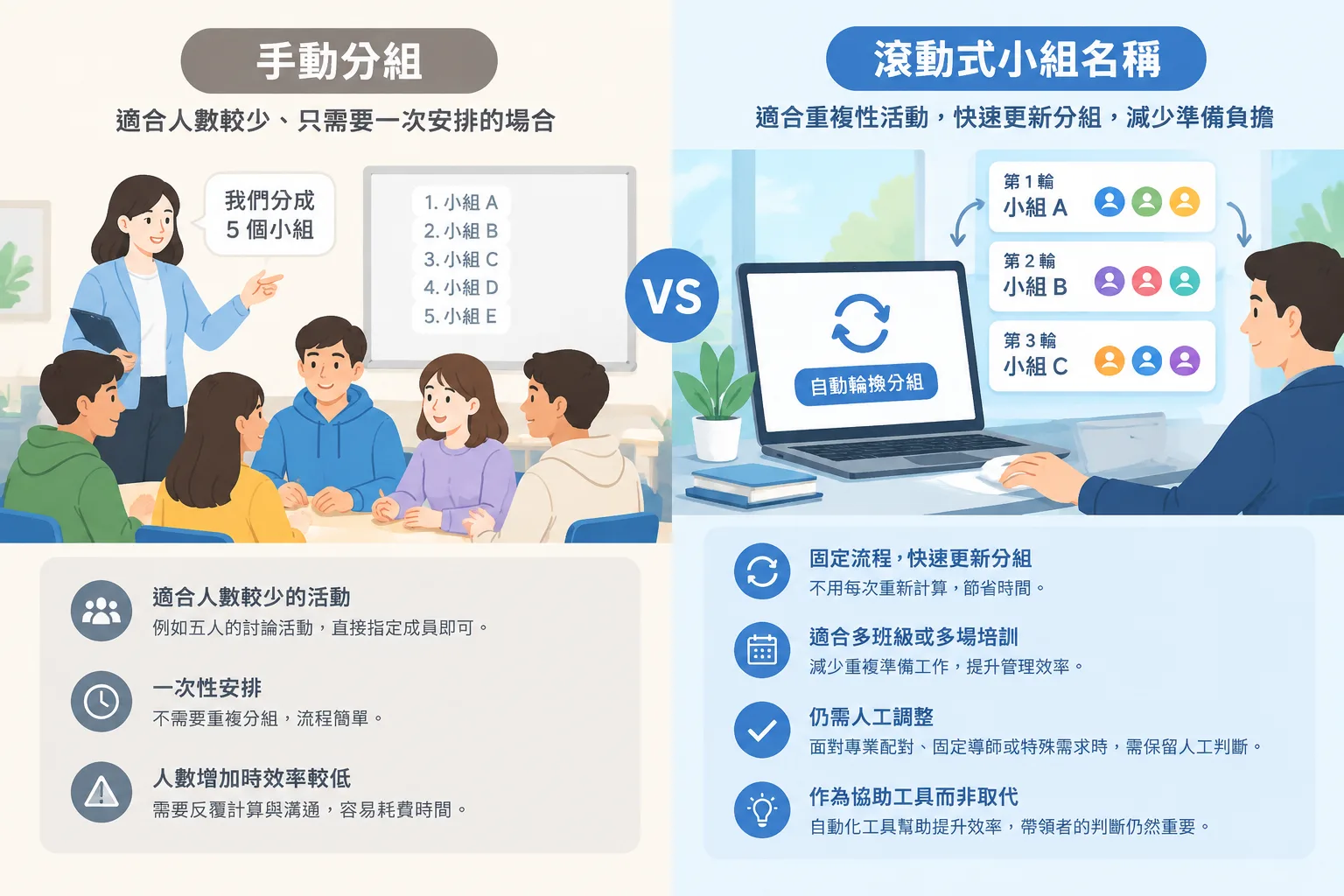 clean comparison infographic showing manual grouping versus rotating automated grouping workflow