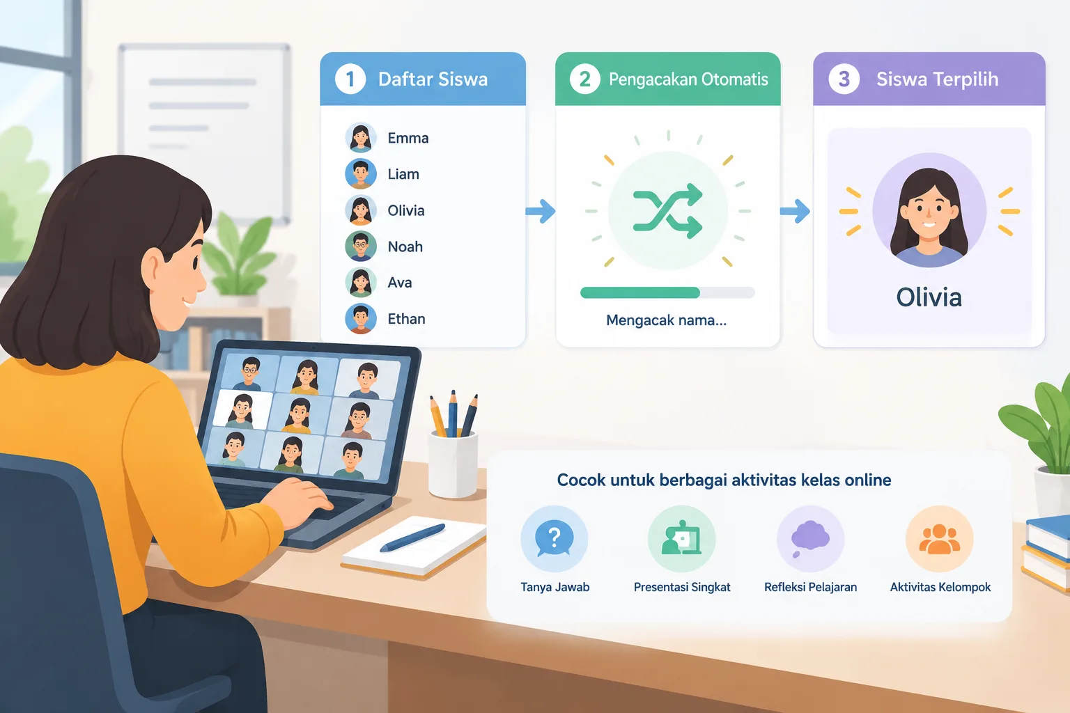 Ilustrasi alur pemilihan siswa acak untuk kelas online dengan daftar nama