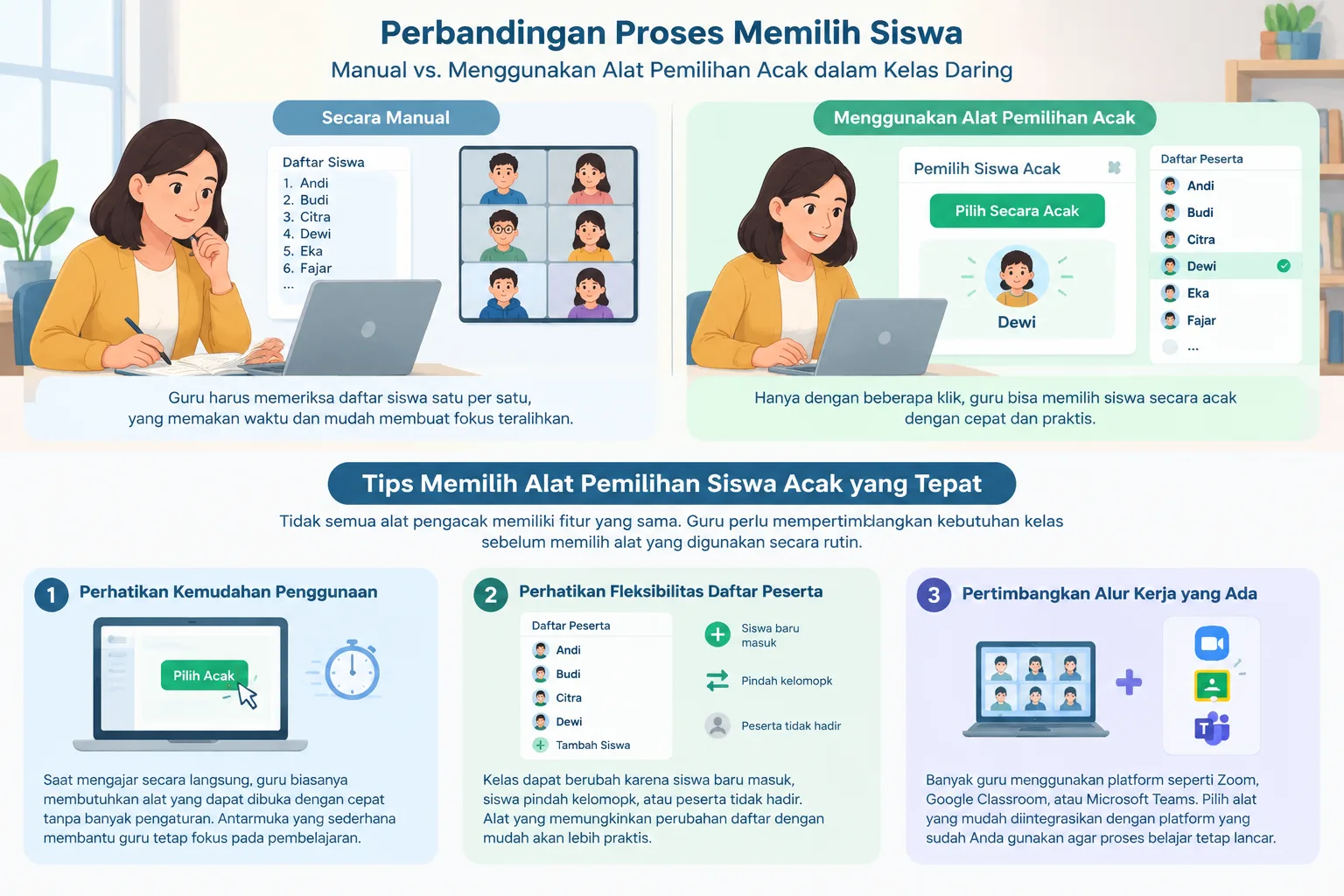 Diagram perbandingan proses memilih siswa secara manual dan menggunakan alat pemilihan acak dalam ke