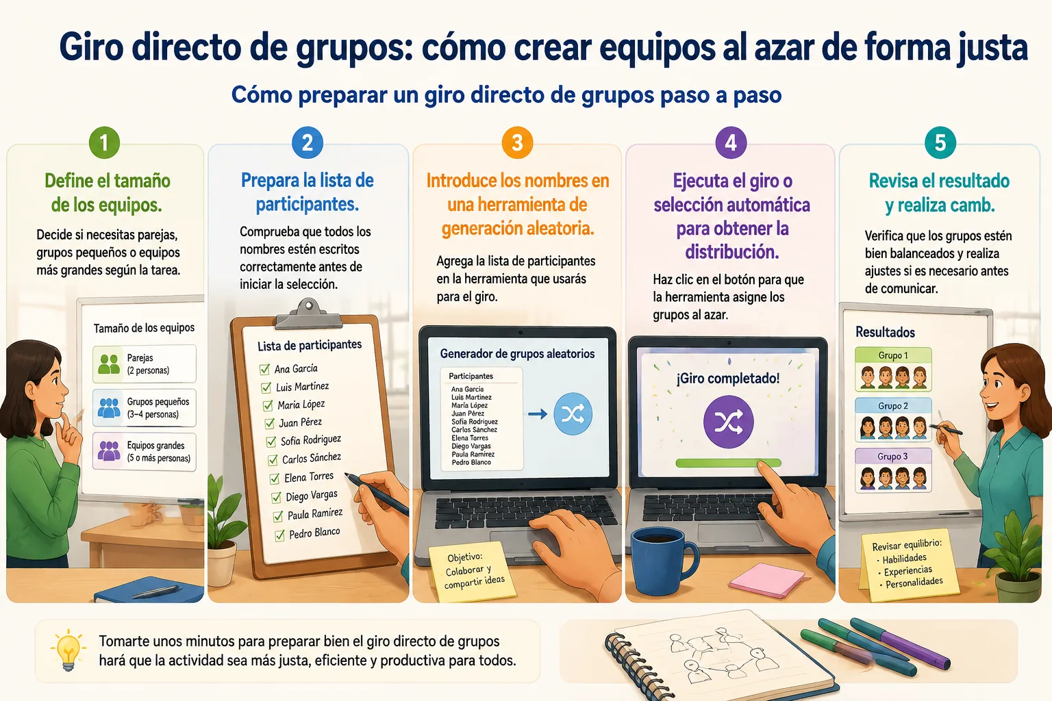 Diagrama educativo con pasos numerados mostrando preparación selección revisión y comunicación de gr