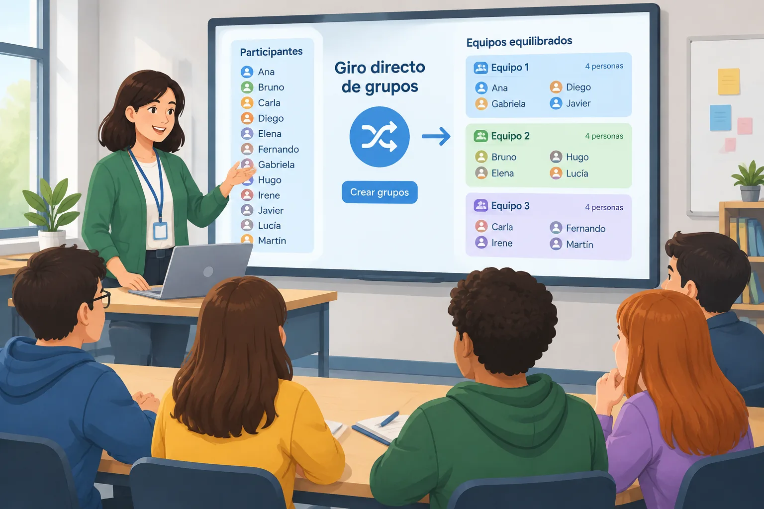 Ilustración de un facilitador usando un sistema visual de selección aleatoria para crear grupos equi