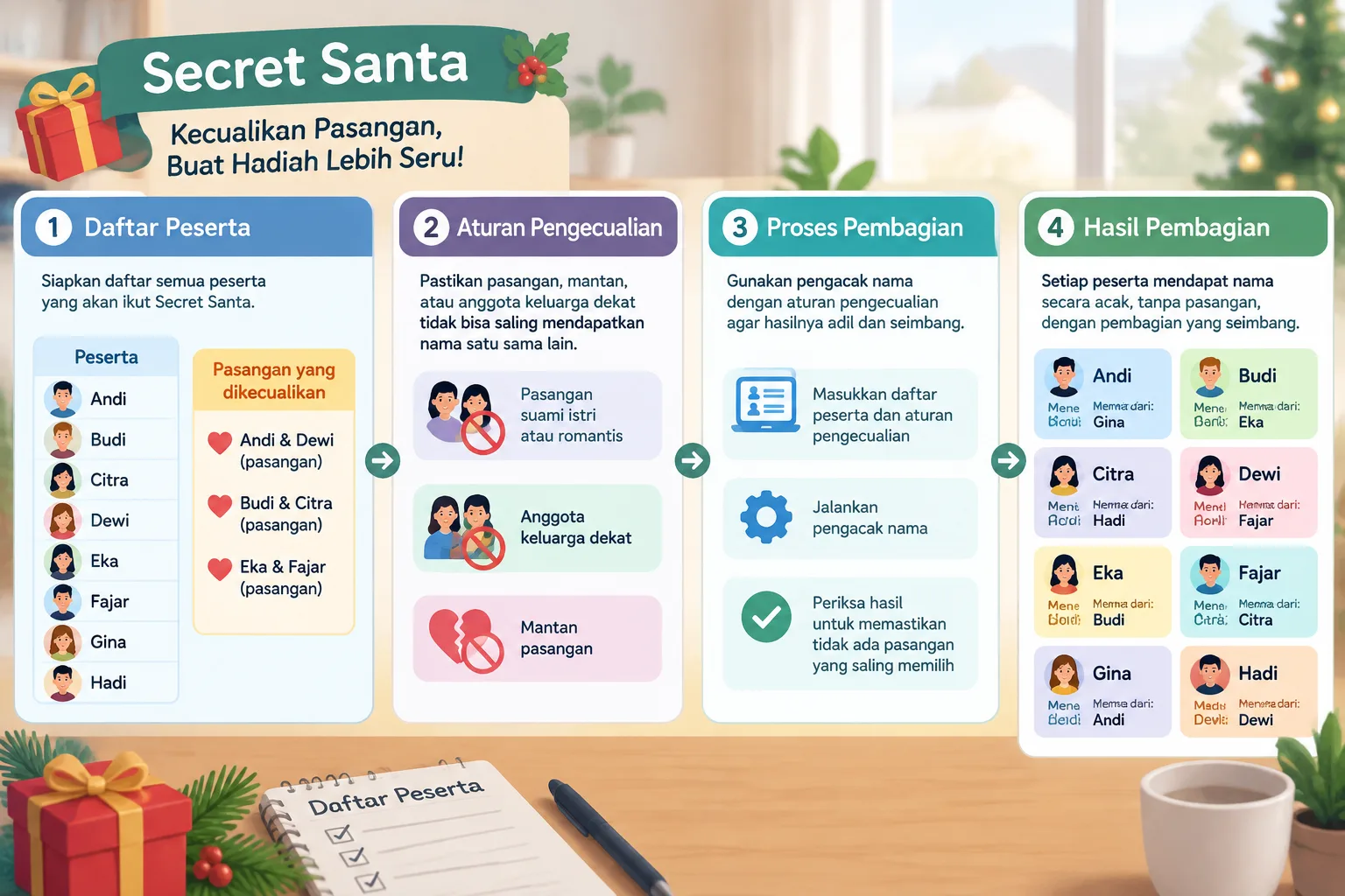 Ilustrasi diagram alur Secret Santa dengan daftar peserta