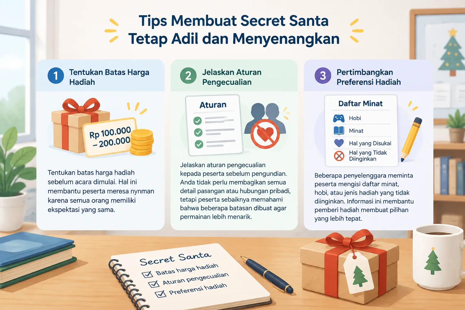 Infografis tips Secret Santa dengan ikon batas anggaran, privasi nama, dan aturan pengecualian