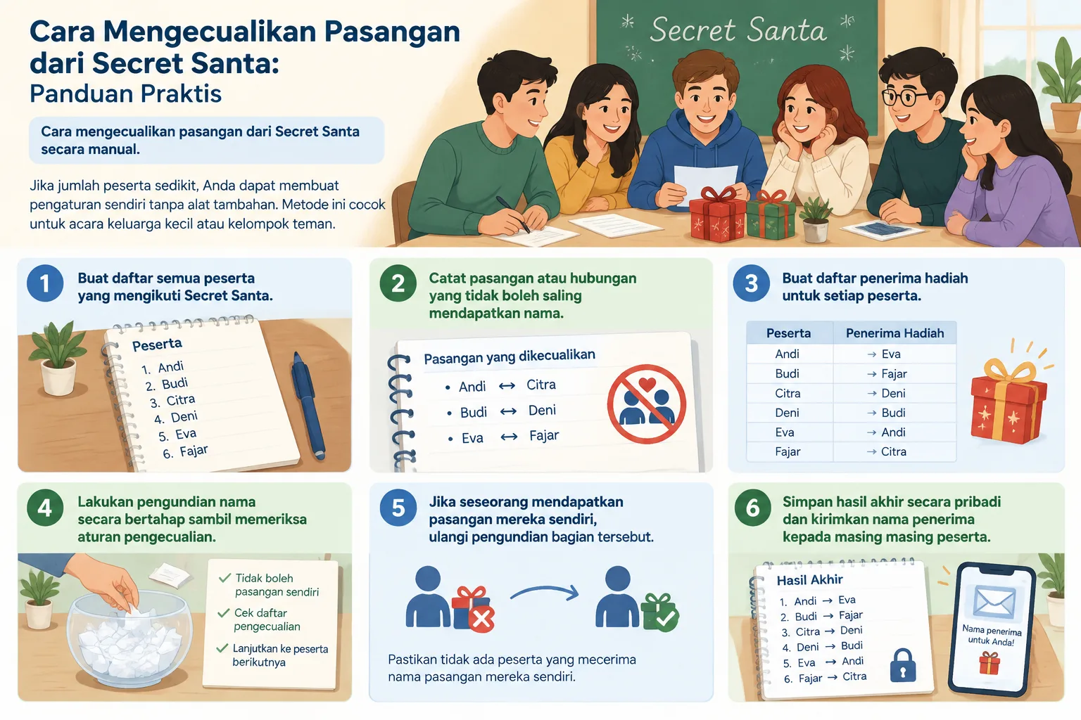 Diagram langkah demi langkah pengundian Secret Santa manual dengan daftar peserta dan tanda pengecua