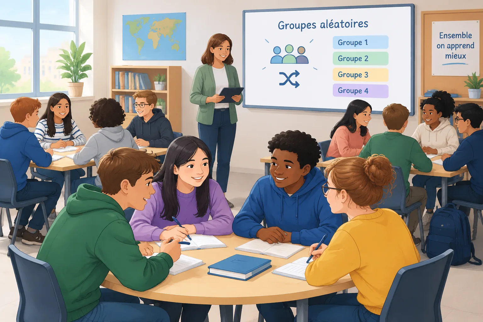 Illustration d'une classe avec des élèves formant des groupes aléatoires autour d'une table