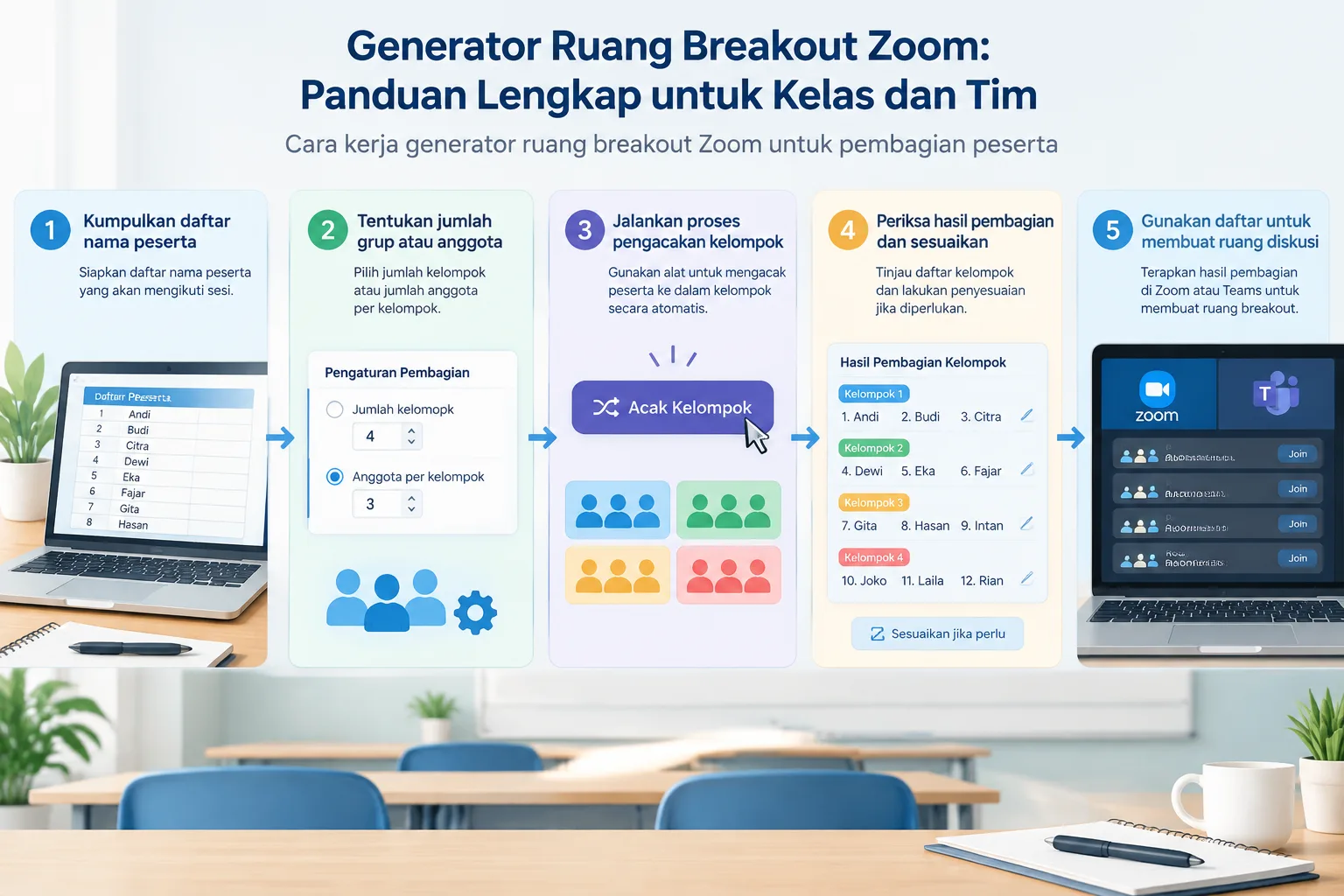 Diagram langkah kerja dari daftar peserta menuju kelompok acak lalu ruang diskusi daring