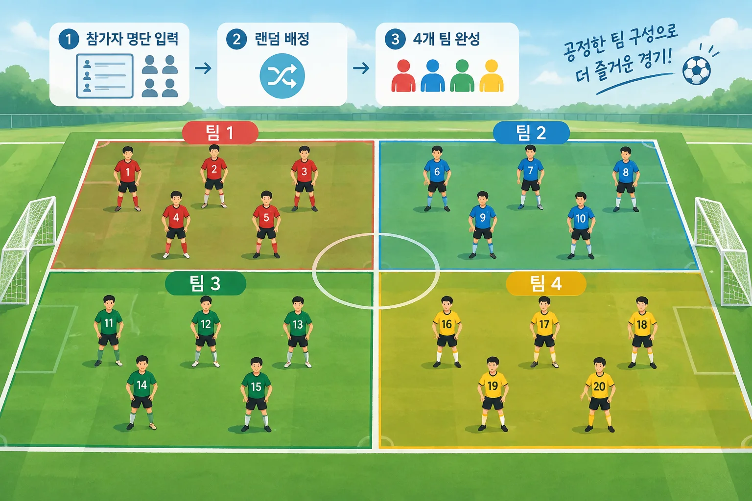 instructional diagram of a soccer field divided into four teams with numbered player icons