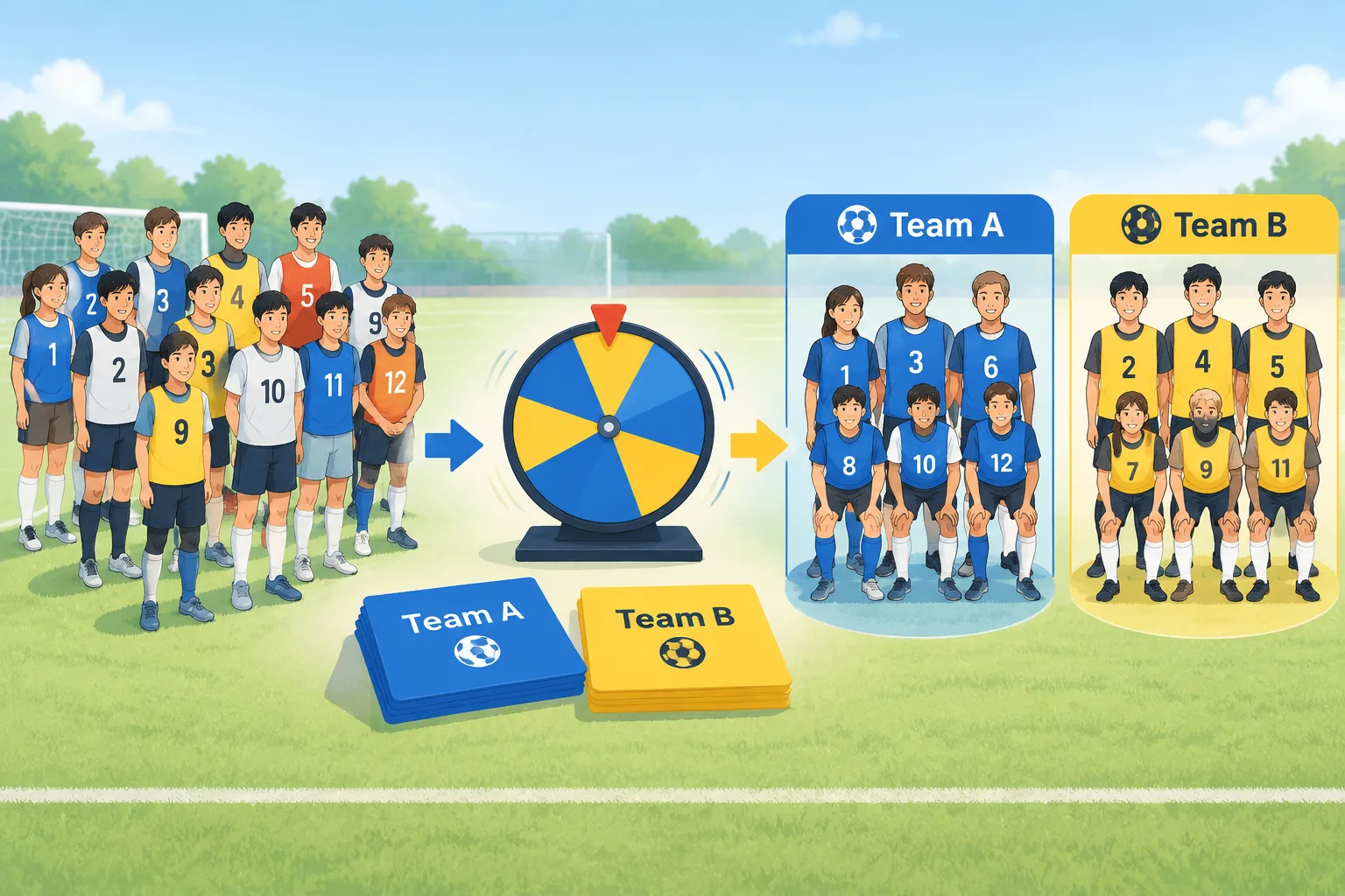 Diagram showing soccer players randomly divided into balanced teams with a spinner and team cards
