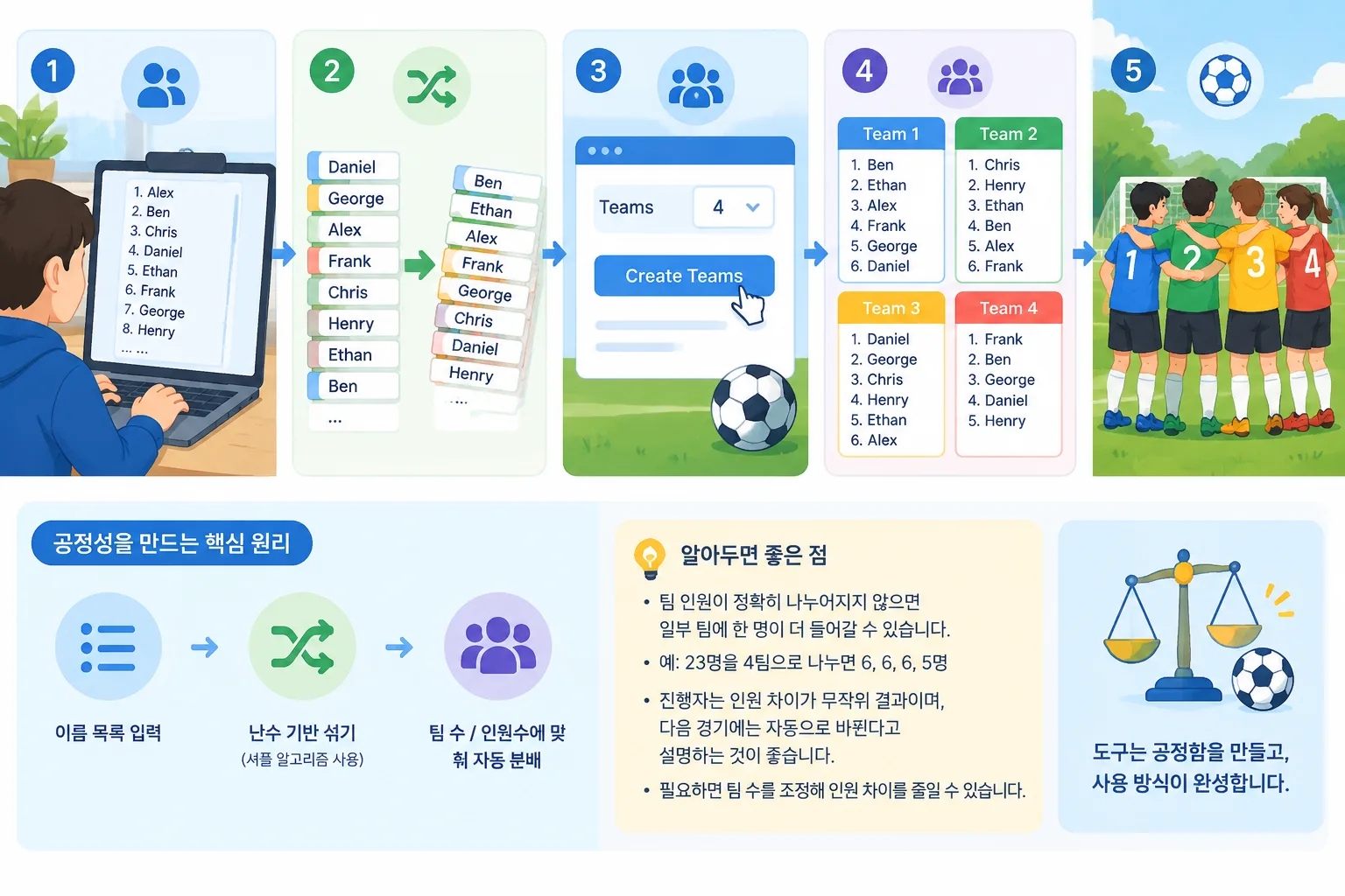 Step-by-step flowchart for random soccer team draw using an online grouping tool