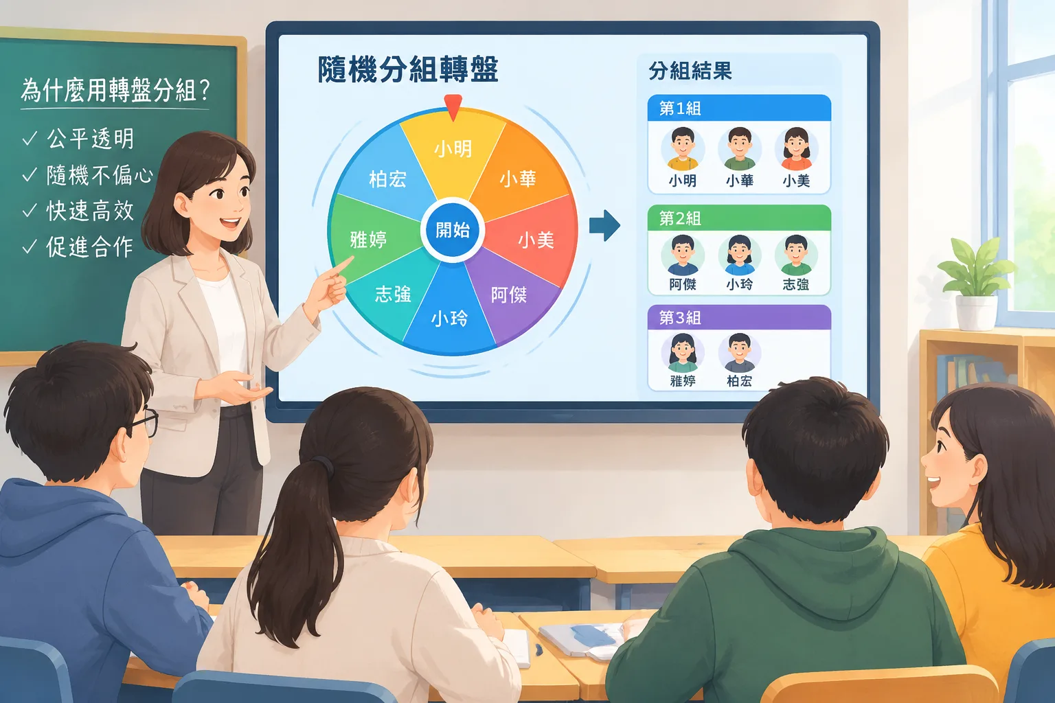 Teacher using a spinning wheel on a screen to split a class into balanced groups