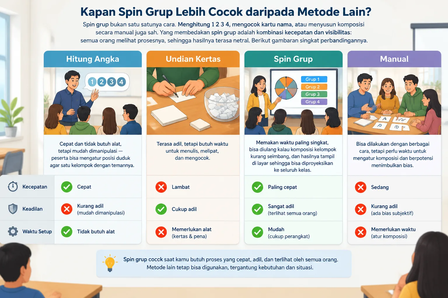 Simple comparison chart of four grouping methods side by side