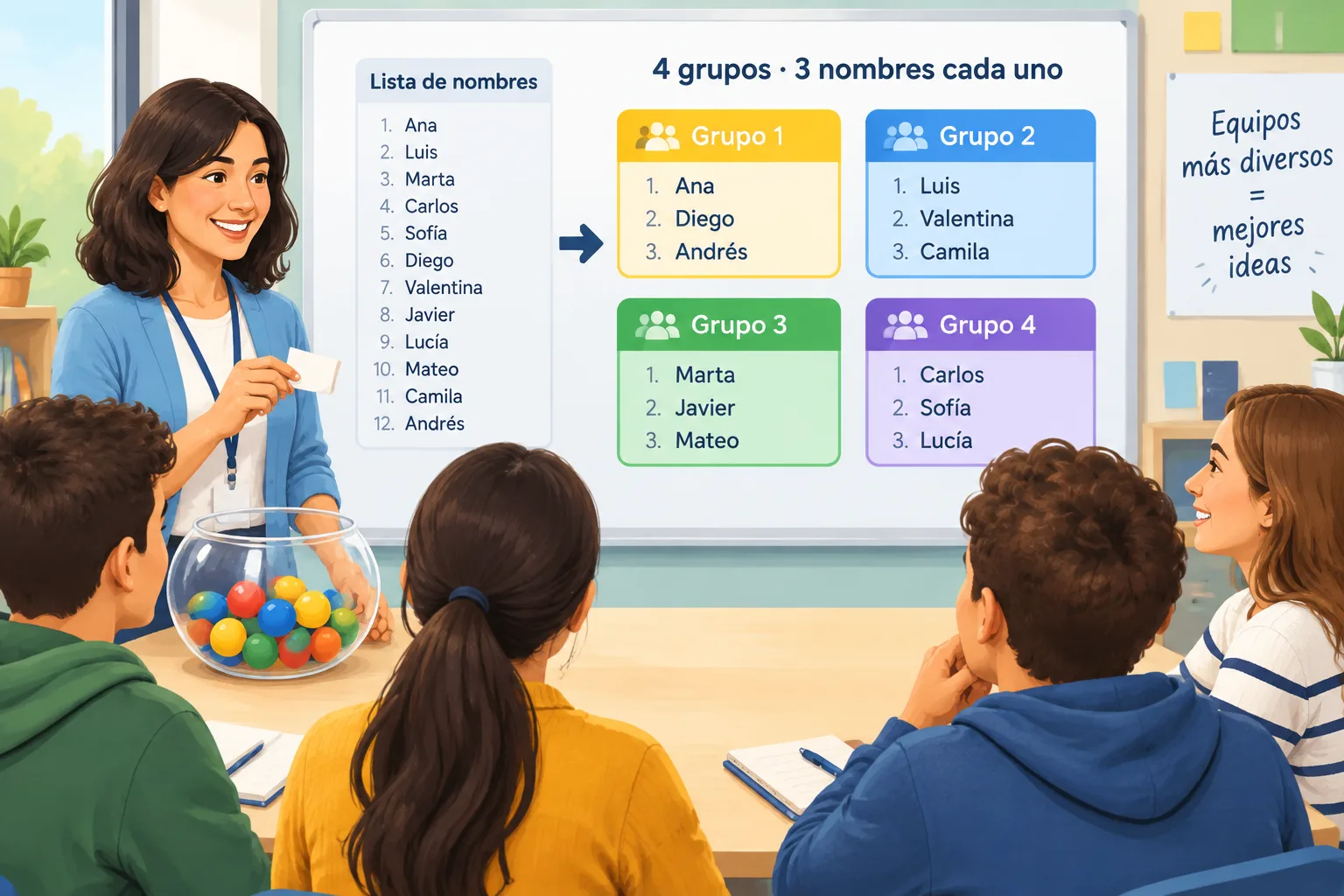 Ilustración instructiva de una lista de nombres que se reparte en cuatro grupos de colores iguales