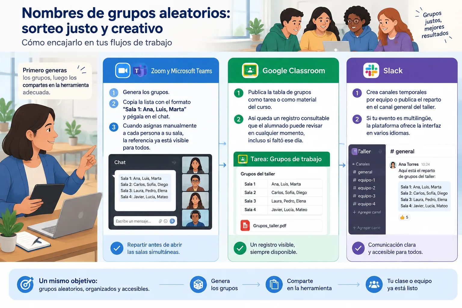Diagrama del flujo de trabajo del sorteo compartido entre aula, videollamada y canal de mensajería