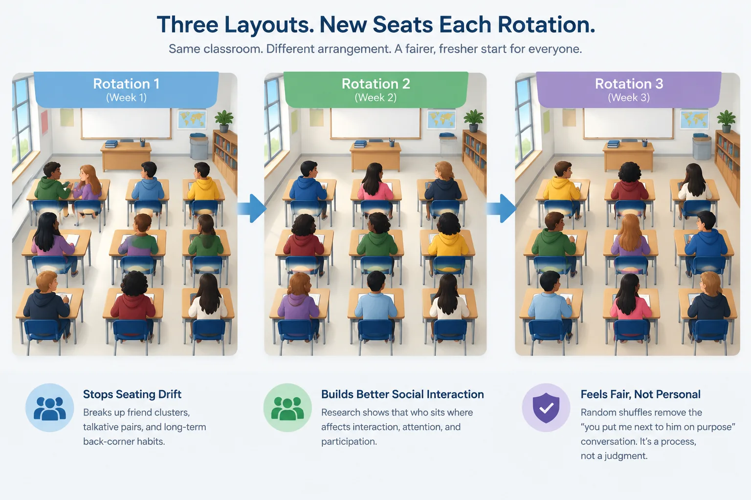 An illustration of three classroom layouts over time