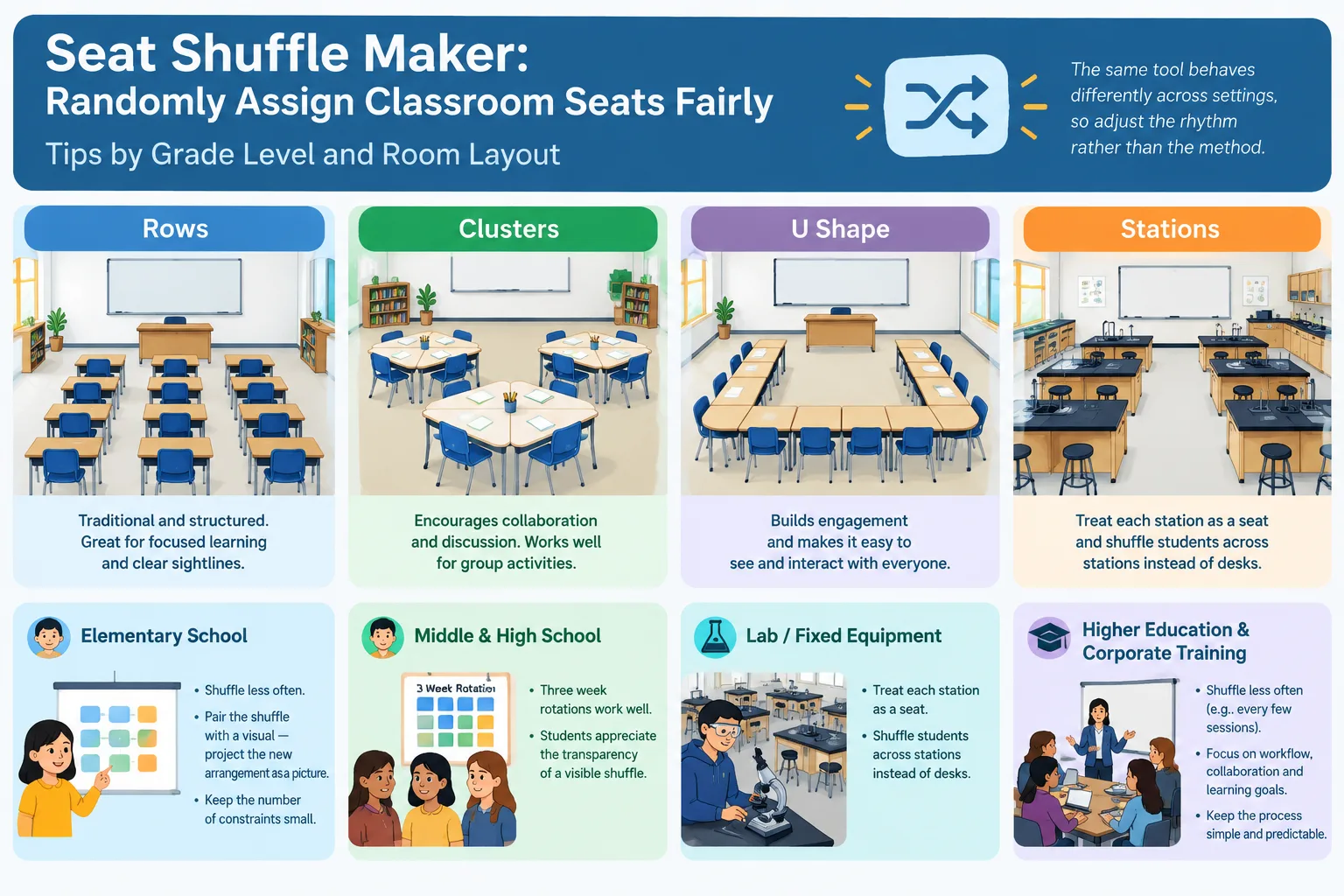 A comparison of four room layouts — rows, clusters, U-shape, and stations — with shuffle notes
