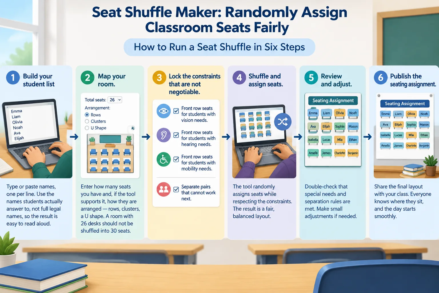 A six-step flowchart moving from student list to published seating assignment