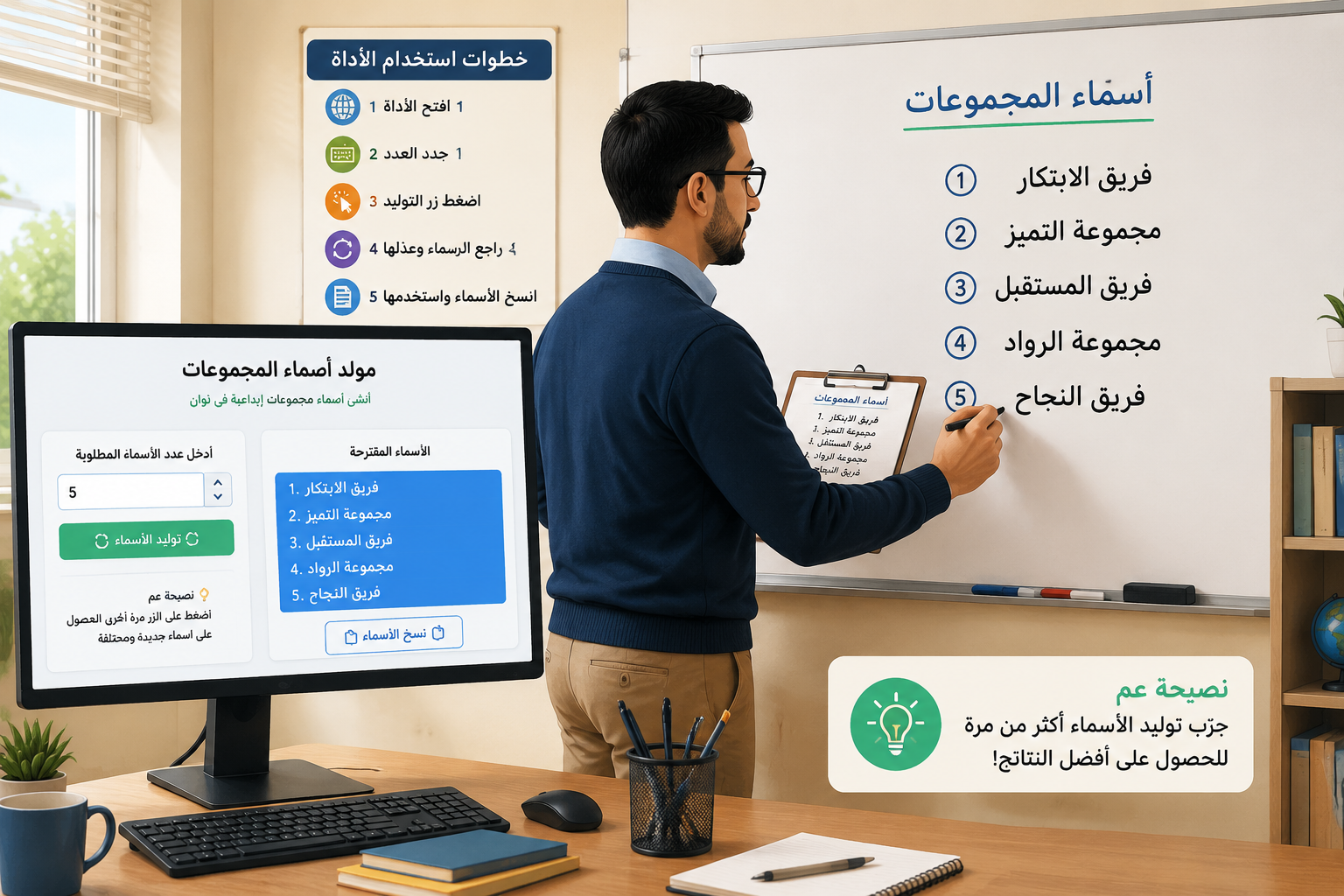 معلم ينسخ أسماء المجموعات المولدة من شاشة الحاسوب ليعرضها على لوحة الصف