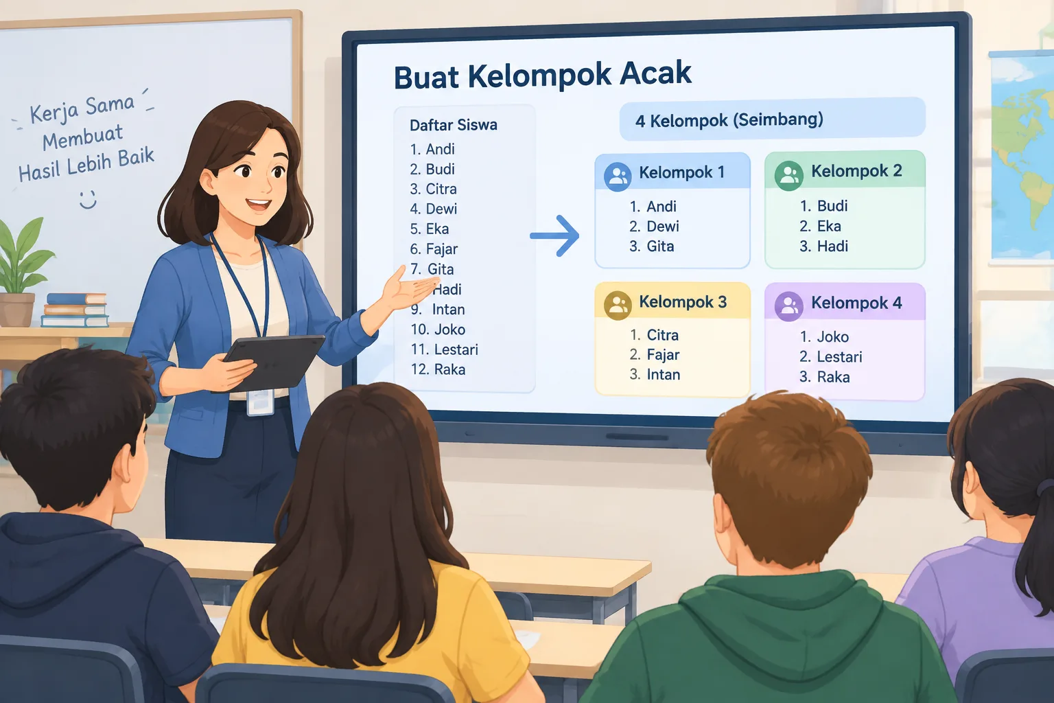 Illustration of a teacher splitting a list of student names into four equal random groups on a clean