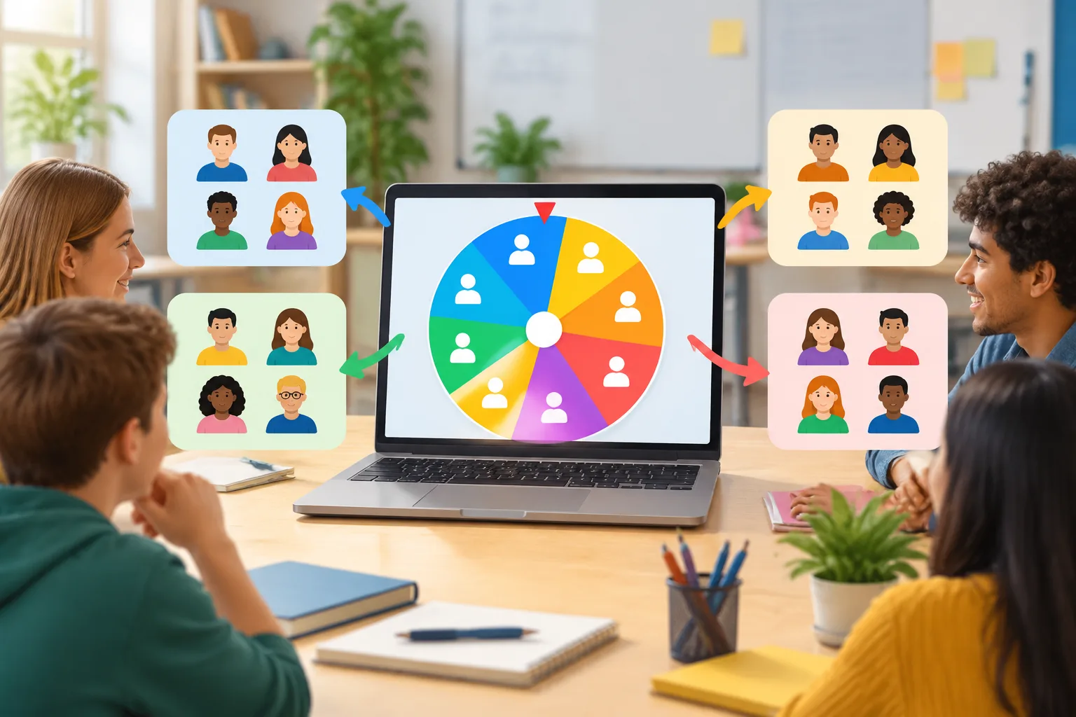 Eine klare Illustration eines digitalen Rads zur zufälligen Gruppenbildung mit Personen-Symbolen und