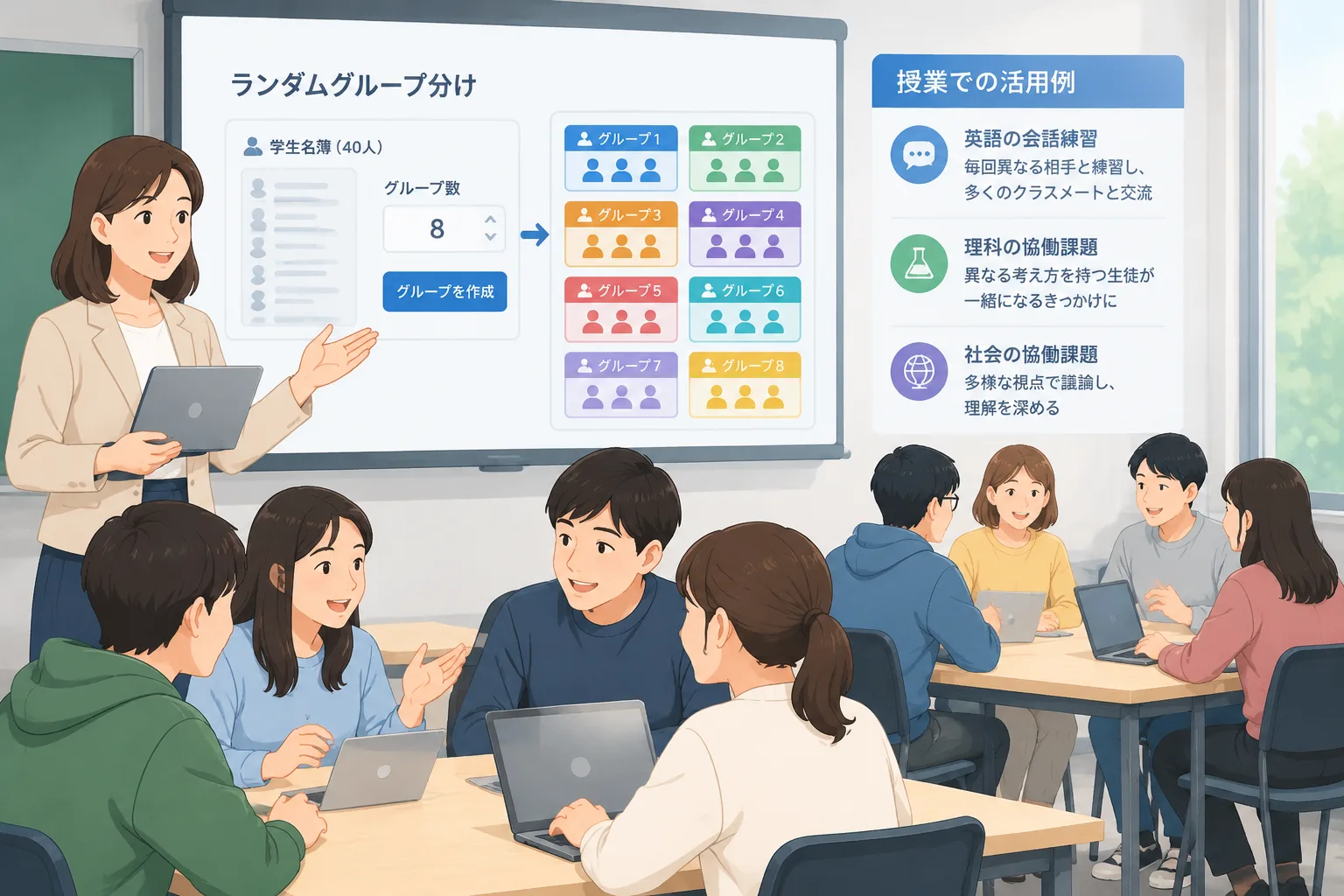 instructional illustration of a teacher using a neutral grouping workflow for classroom discussion t
