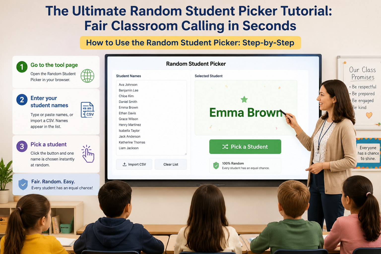 Teacher using a digital whiteboard to display the random student picker, with a student's name selected, promoting fair participation.