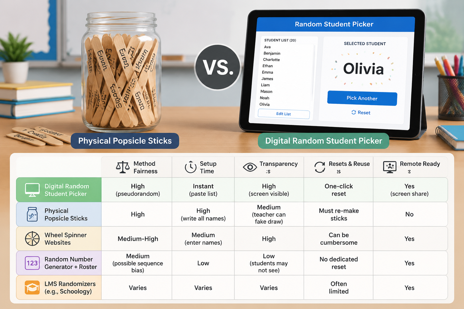 Comparison graphic: messy jar of popsicle sticks vs. a clean digital student picker interface on a tablet.
