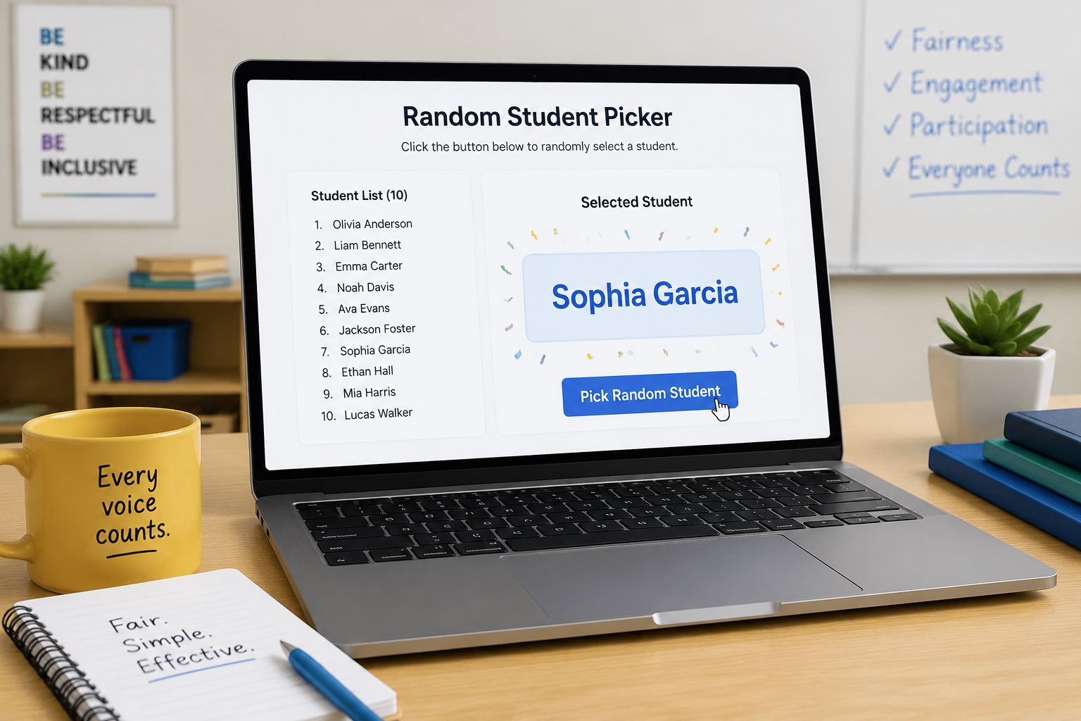 Laptop displaying Random Student Picker with a list of names and one name highlighted as randomly chosen.