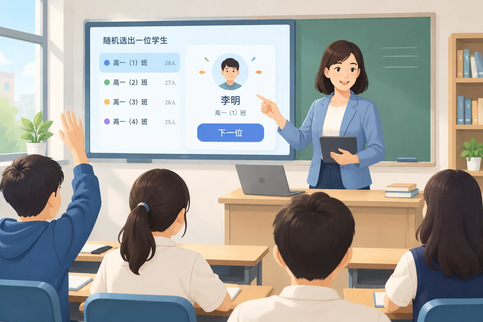 Ilustrasi instruksional tentang guru menggunakan alat pemilih siswa acak dengan daftar nama dan kelo